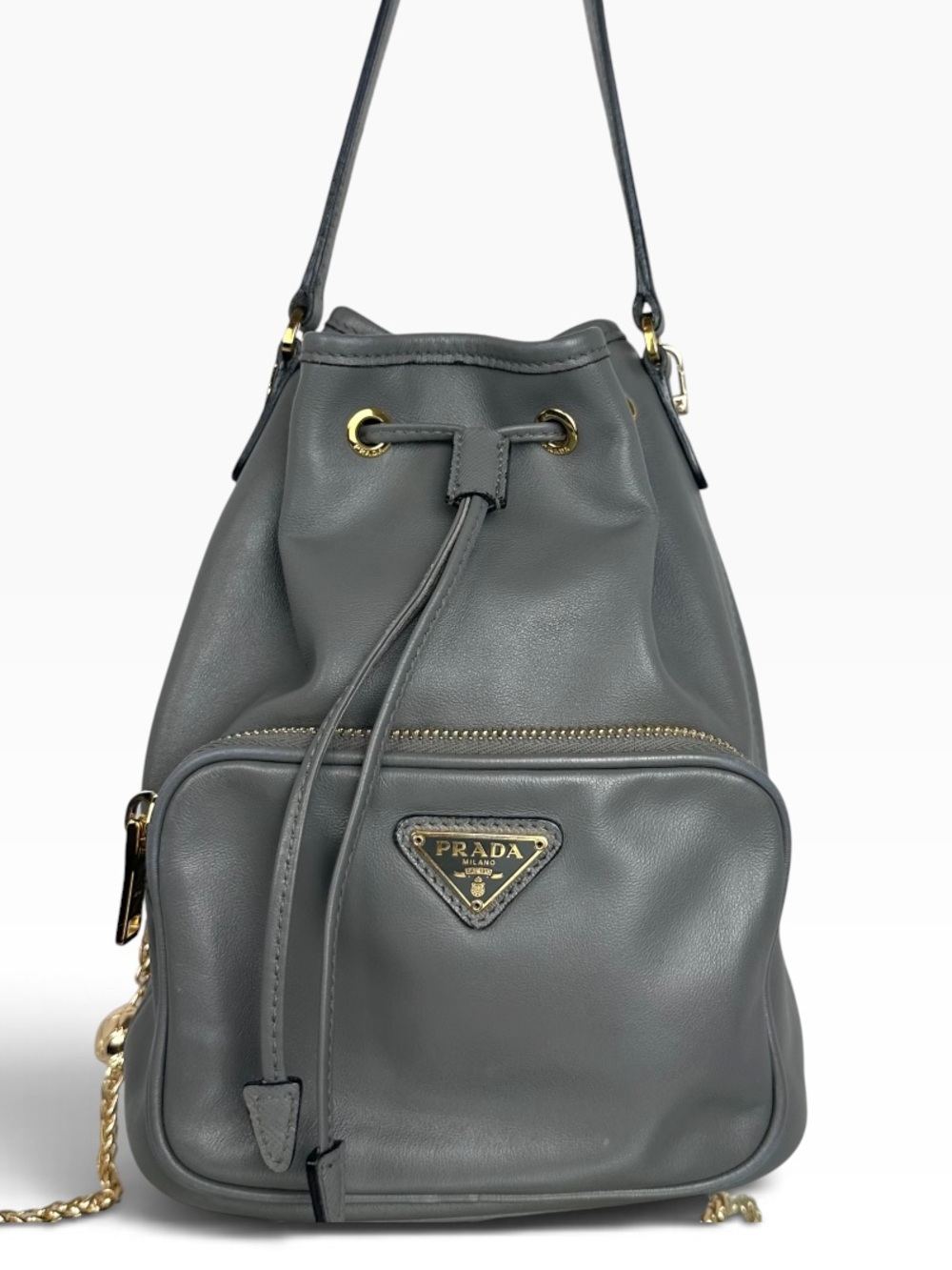 Prada Drawstring Bucket Shoulder Bag – Gray with Gold-Tone Hardware